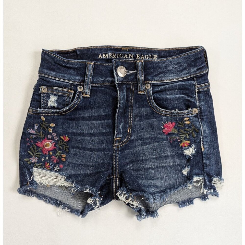 American Eagle Embroidered Floral Next Level Stretch Jean Shorts Women’s Sz 0